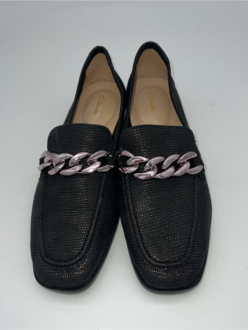 Clarks Sarafyna Iris shimmer Leather loafers Women’s size 6 shoes silver chain - Picture 2 of 9